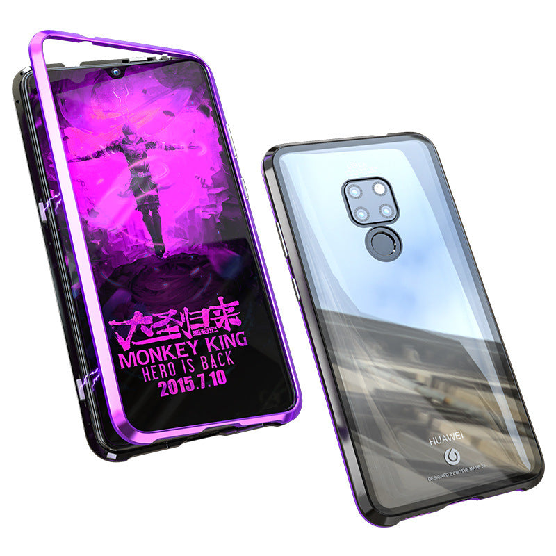 Smartphone with a reflective screen and a purple case on a white background