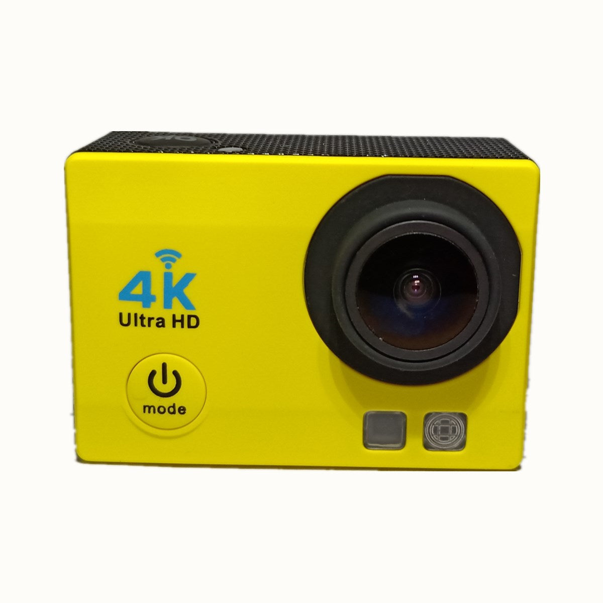 Yellow action camera with 4K Ultra HD label on a white background
