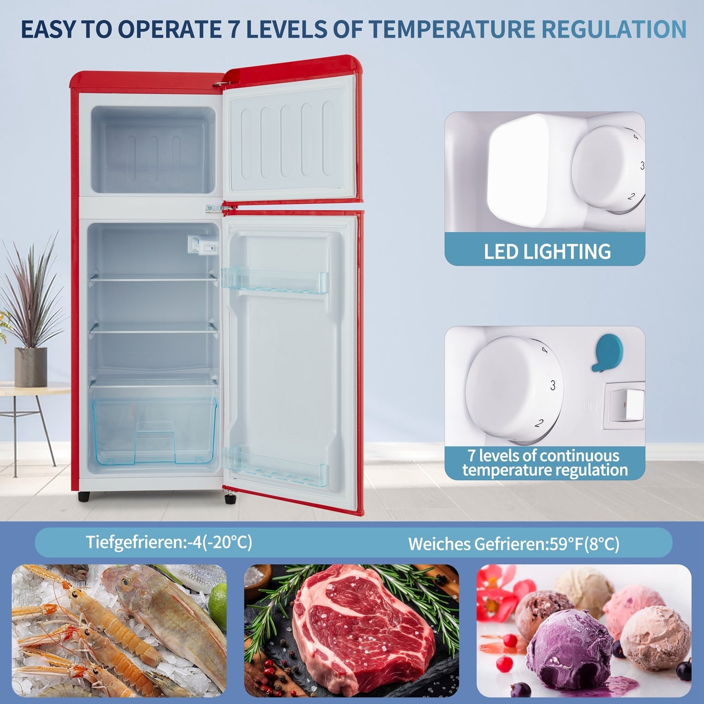 4.5 cu. ft. Dual Zone Refrigerator, 3.3 Fridge + 1.2 cu. ft. 4-Star Freezer, 7 Temperature Settings, 45 dB, Red, Silver Handles, LED Lighting, Adjustable Shelves, 16.69" x 17.52" x 40.08"