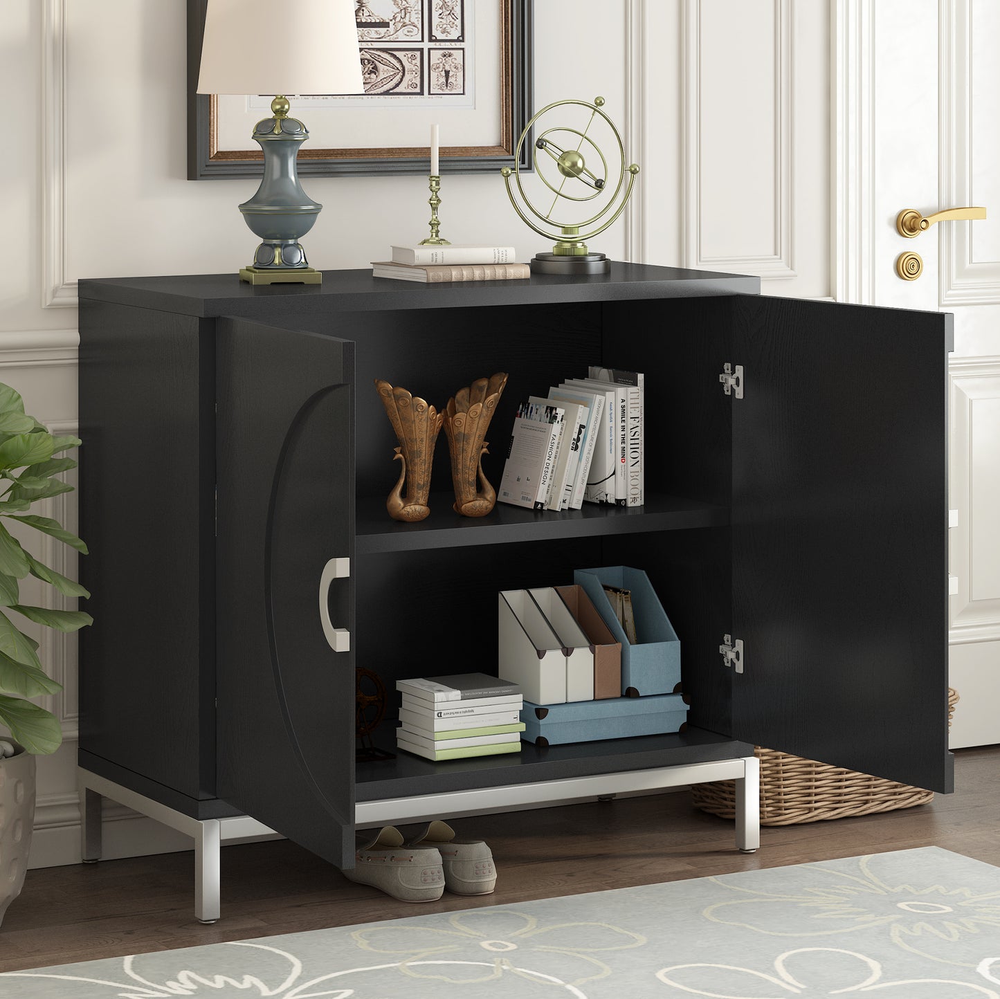 TREXM Simple Storage Cabinet Accent Cabinet with Solid Wood Veneer and Metal Leg Frame for Living Room, Entryway, Dining Room (Black)