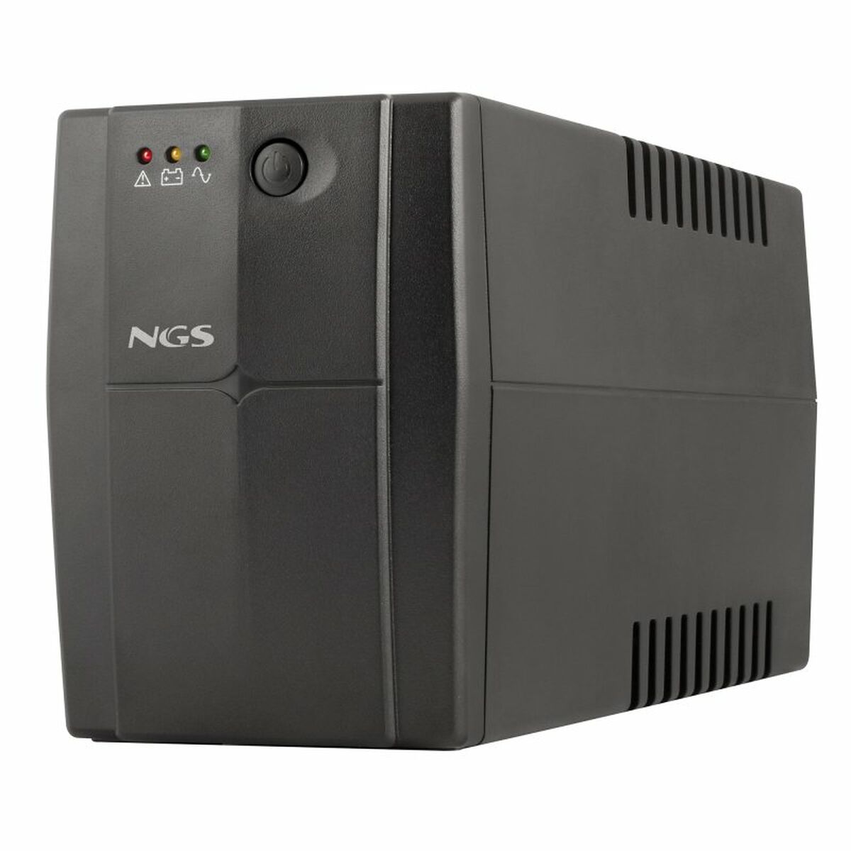 Black UPS (Uninterruptible Power Supply) device with NGS branding on a white background Managed IT Services