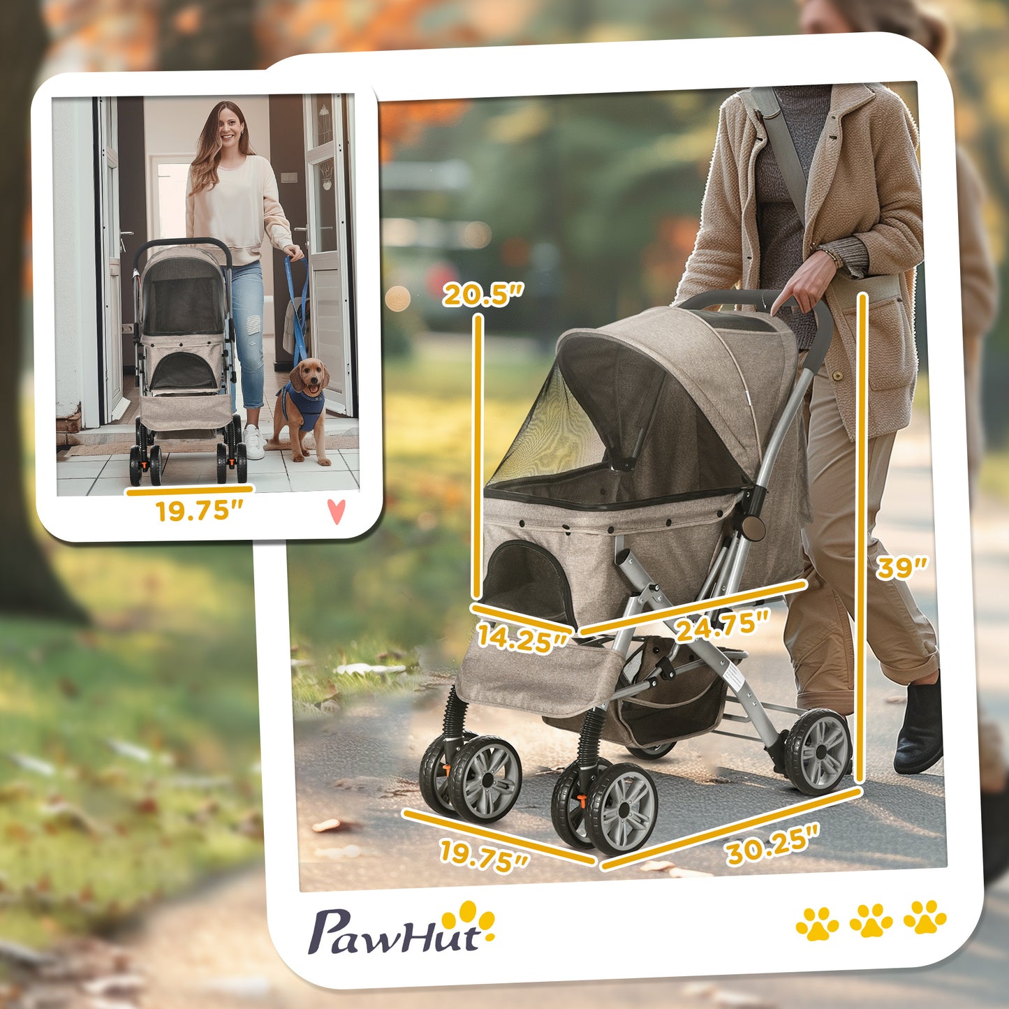 PawHut Dog Stroller for Small Dogs Cats, 4 Wheels One-Click Fold Pet Stroller with Swivel Wheels, Brake, Basket Storage, Safety Belts, Adjustable Canopy, Zippered Mesh Window Door, Brown