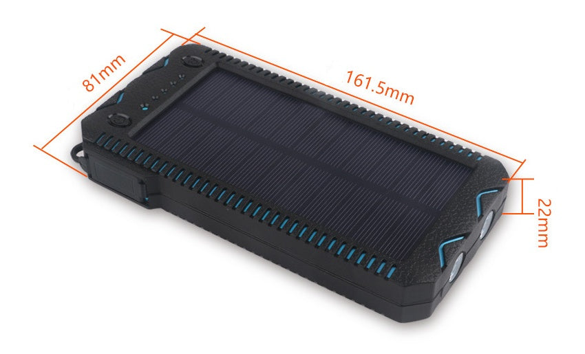Black solar power bank with dimensions indicated on a white background