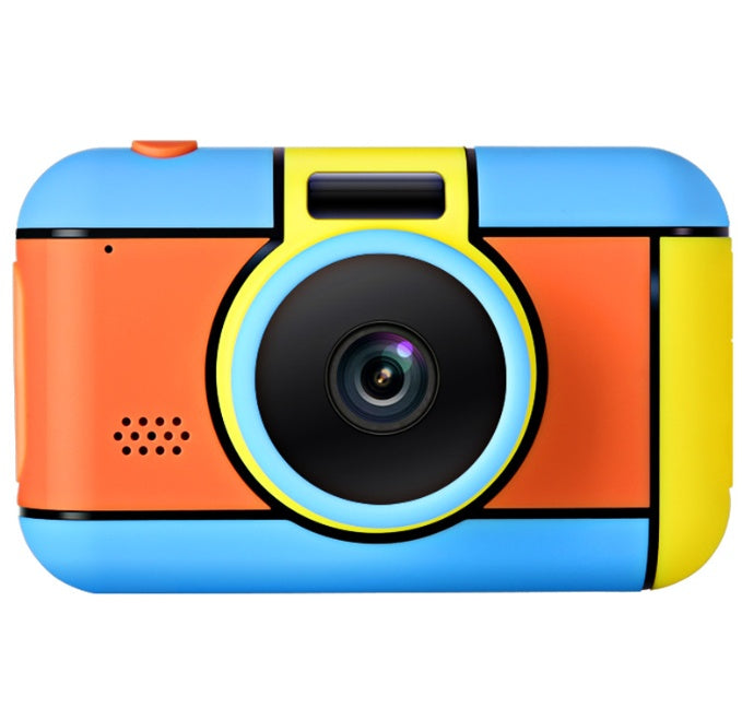 Colorful toy camera with a blue, orange, and yellow design on a white background