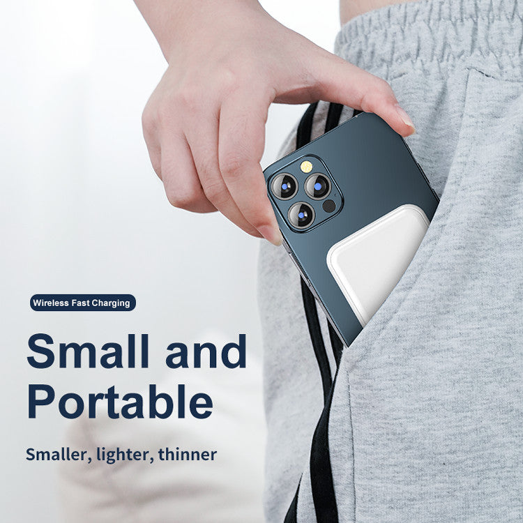 Person holding a smartphone with text 'Small and Portable' on a light gray background