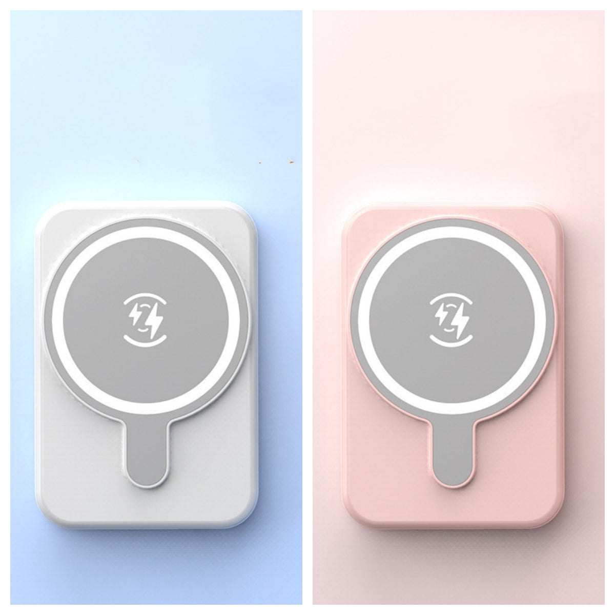 Two wireless chargers, one gray and one pink, on a pastel blue and pink background.