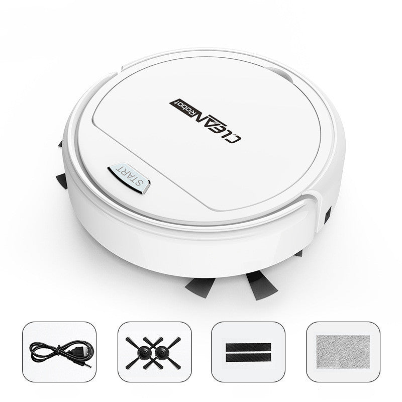 Robotic vacuum cleaner with icons indicating features on a white background