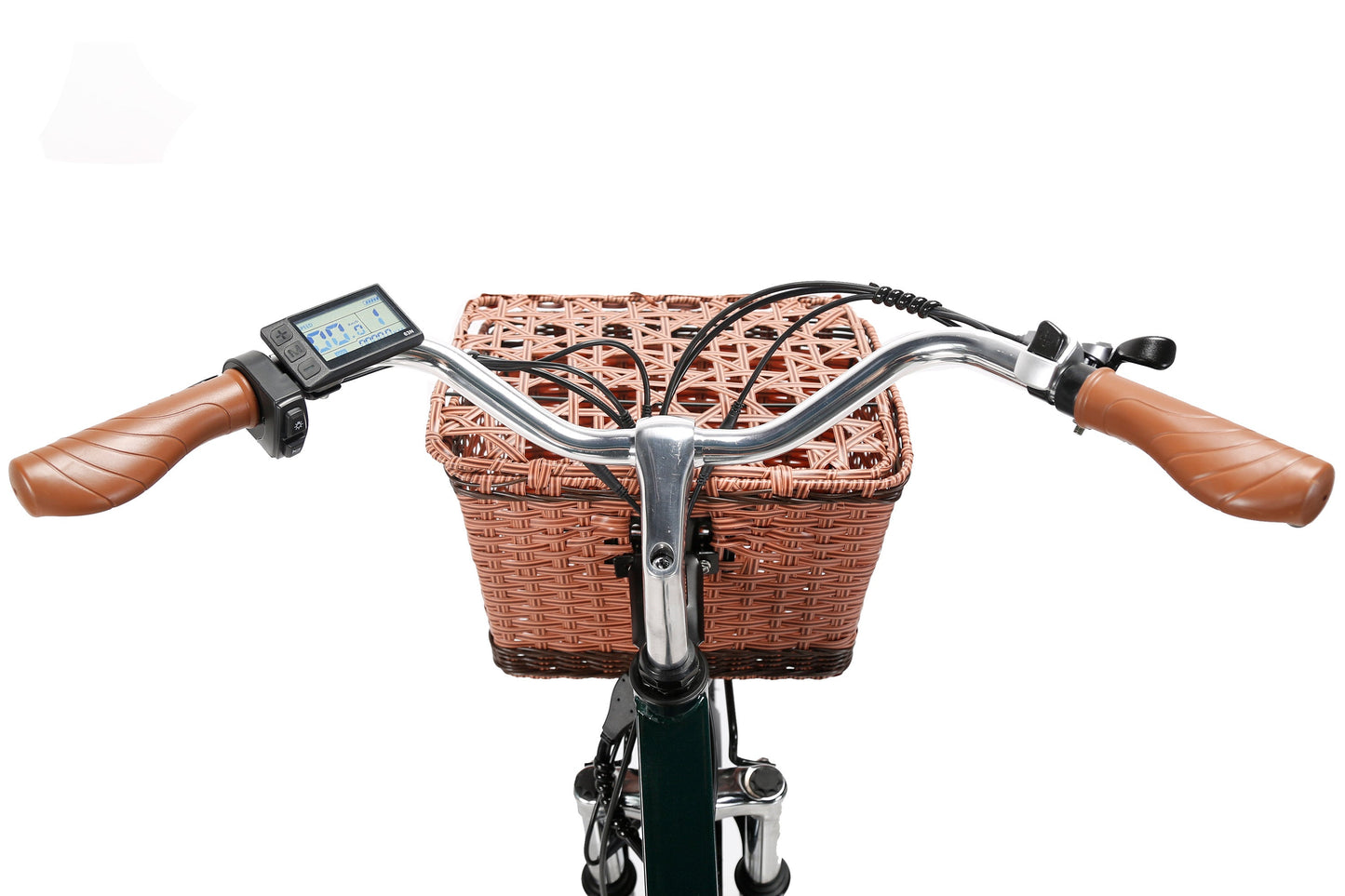 Bicycle handlebar with wicker basket and digital display on a white background. affordable commuter e-bike deals. Raee Industries 