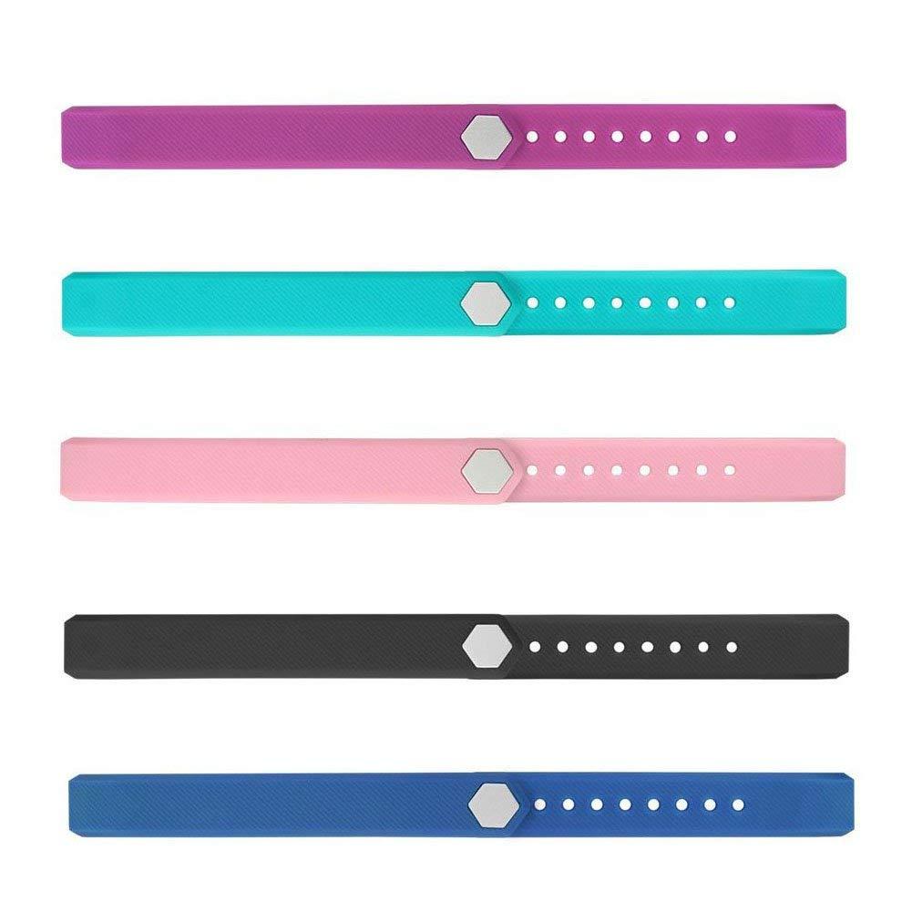 Set of five colorful wristbands with a central hexagonal button on a white background