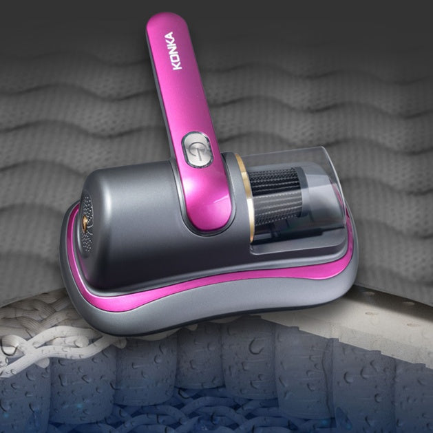 Pink and gray vacuum cleaner on a textured surface