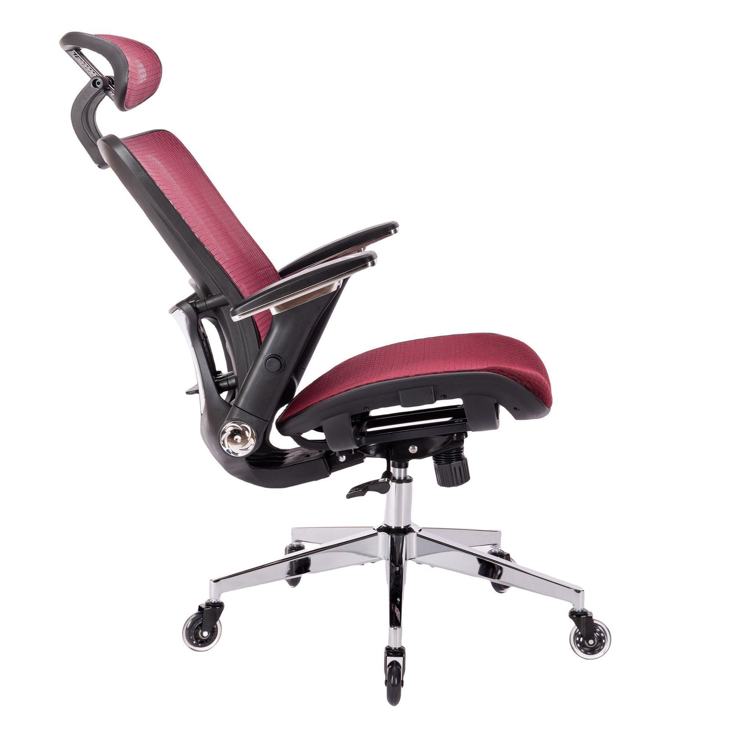 RED Ergonomic Mesh Office Chair, High Back - Adjustable Headrest with Flip-Up Arms, Tilt and lock Function, Lumbar Support and blade Wheels, KD chrome metal legs