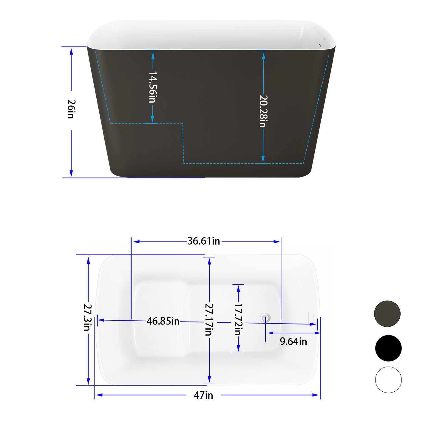 47" 100% Acrylic Freestanding Bathtub，Contemporary Soaking Tub，white inside and gray outside