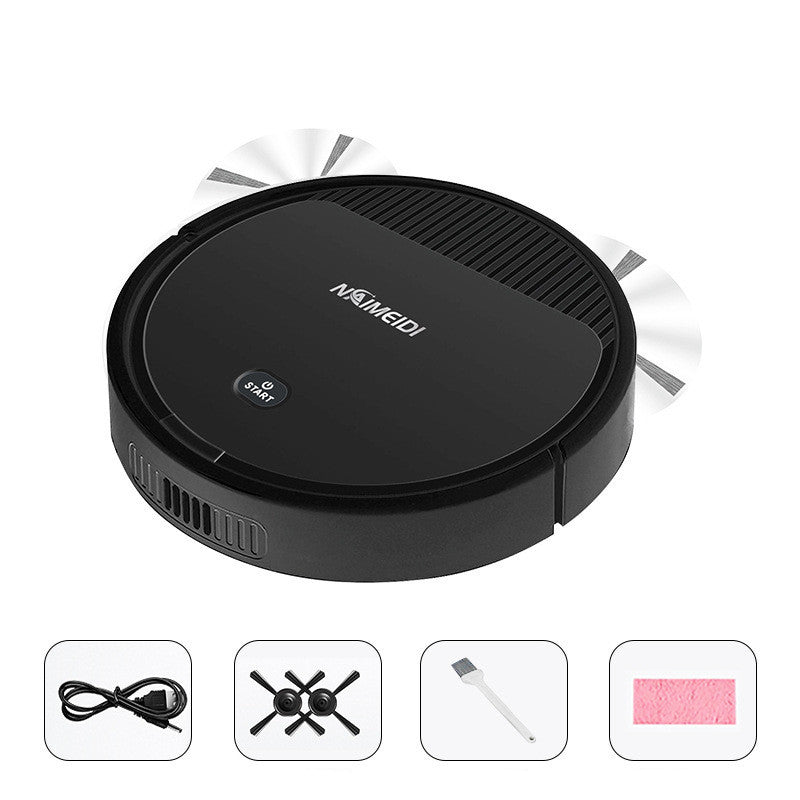 Black robot vacuum cleaner with Naimeiidi branding on a white background, featuring icons of accessories below.