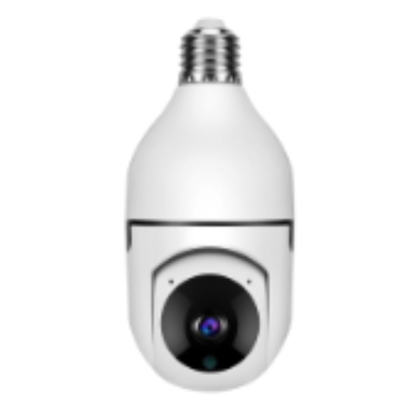White security camera designed like a light bulb on a white background