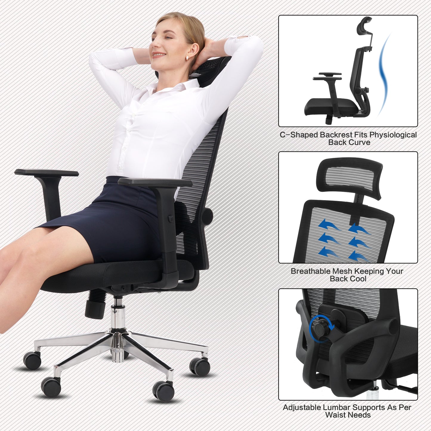 Ergonomic Office Chair with Adjustable Headrest, Lumbar Support, Mesh Desk Chair, Swivel Executive Task Chair, Computer Chair