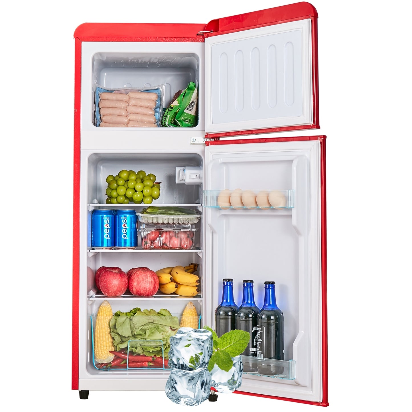 4.5 cu. ft. Dual Zone Refrigerator, 3.3 Fridge + 1.2 cu. ft. 4-Star Freezer, 7 Temperature Settings, 45 dB, Red, Silver Handles, LED Lighting, Adjustable Shelves, 16.69" x 17.52" x 40.08"