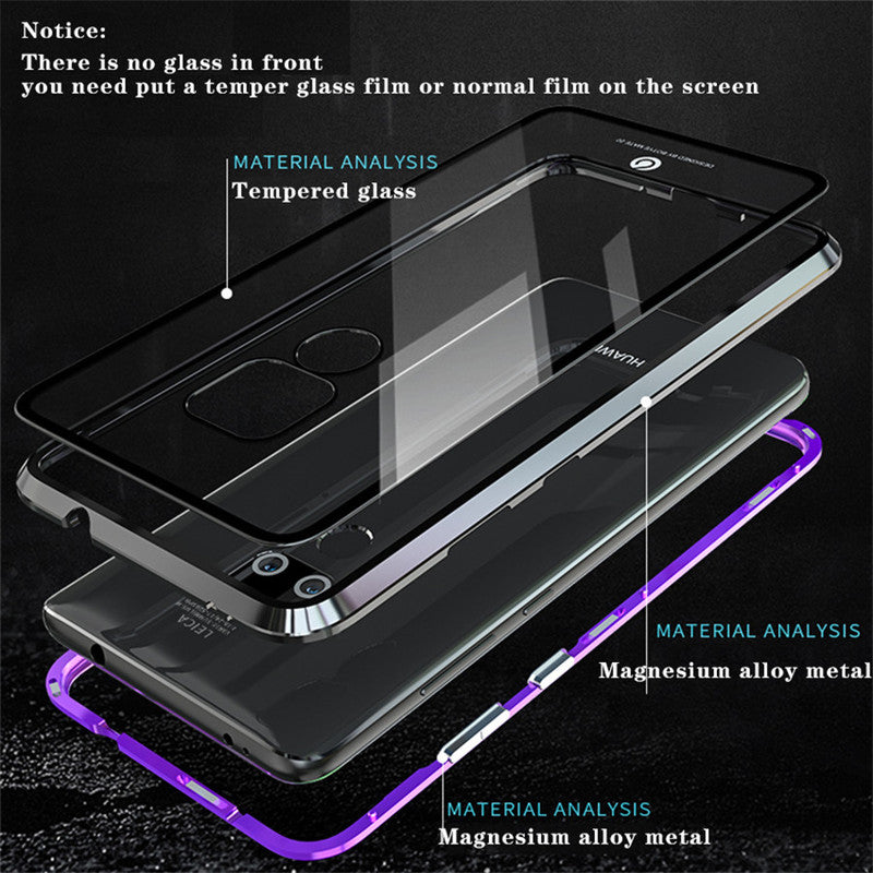 Phone case with tempered glass and magnesium alloy metal components on a black background