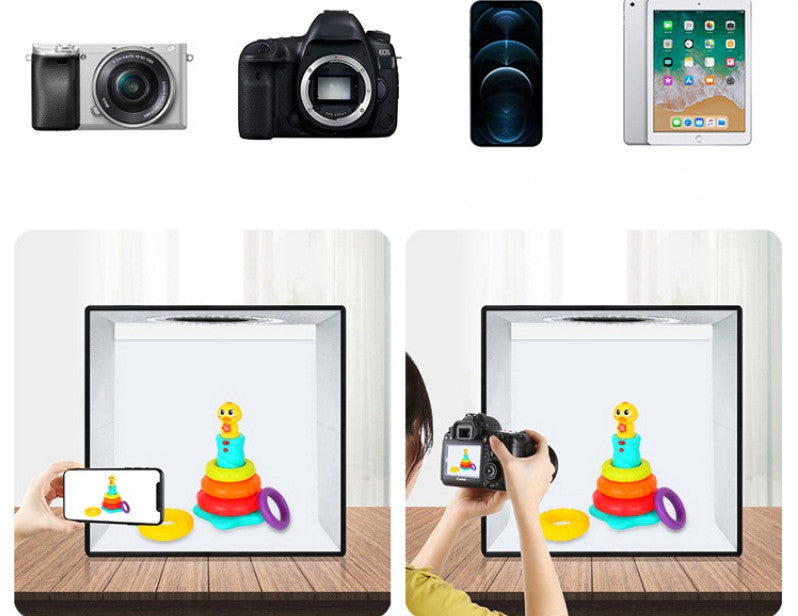 Comparison of camera and phone devices with a digital photo frame displaying a colorful toy stack.