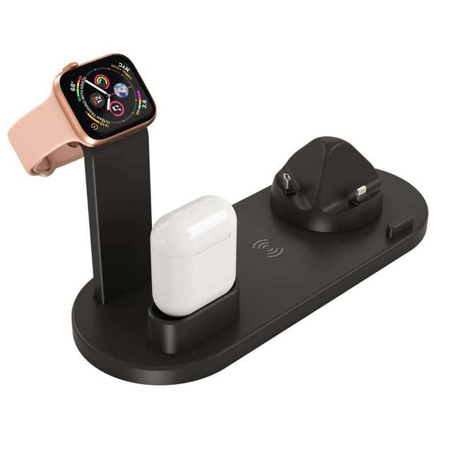 Black multi-device charging stand with Apple Watch, AirPods, and wireless charger on a white background