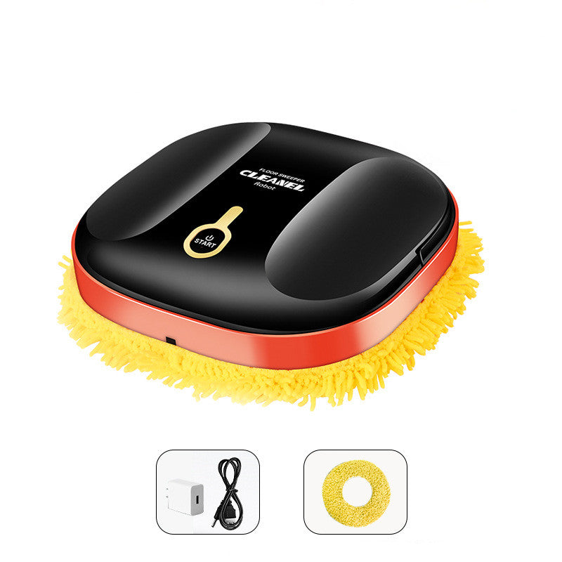 Black and red cleaning robot with yellow brush on a white background