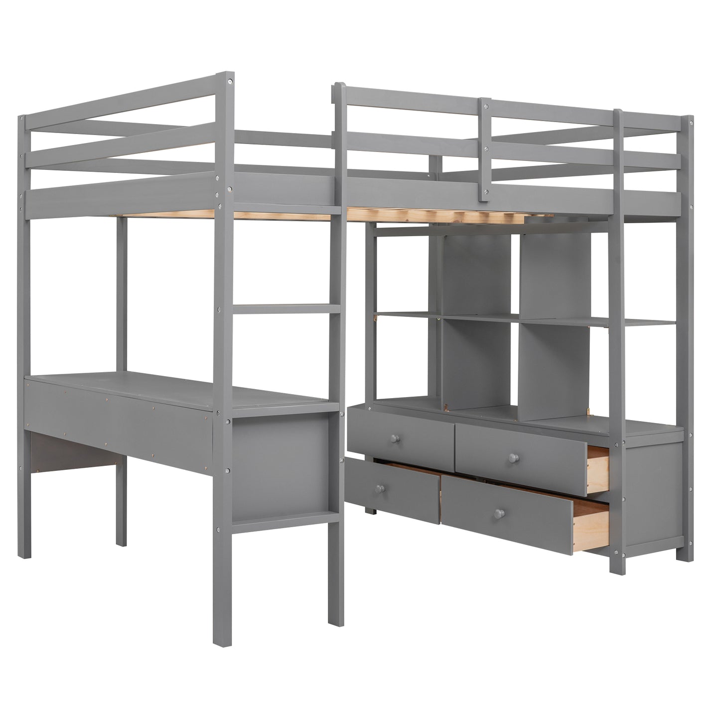 Full Size Loft Bed with Built-in Desk with Two Drawers, and Storage Shelves and Drawers,Gray