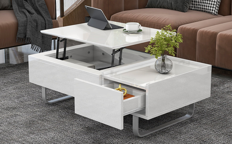 ON-TREND Multi-functional Coffee Table with Lifted Tabletop, Contemporary Cocktail Table with Metal Frame Legs, High-gloss Surface Dining Table for Living Room, White