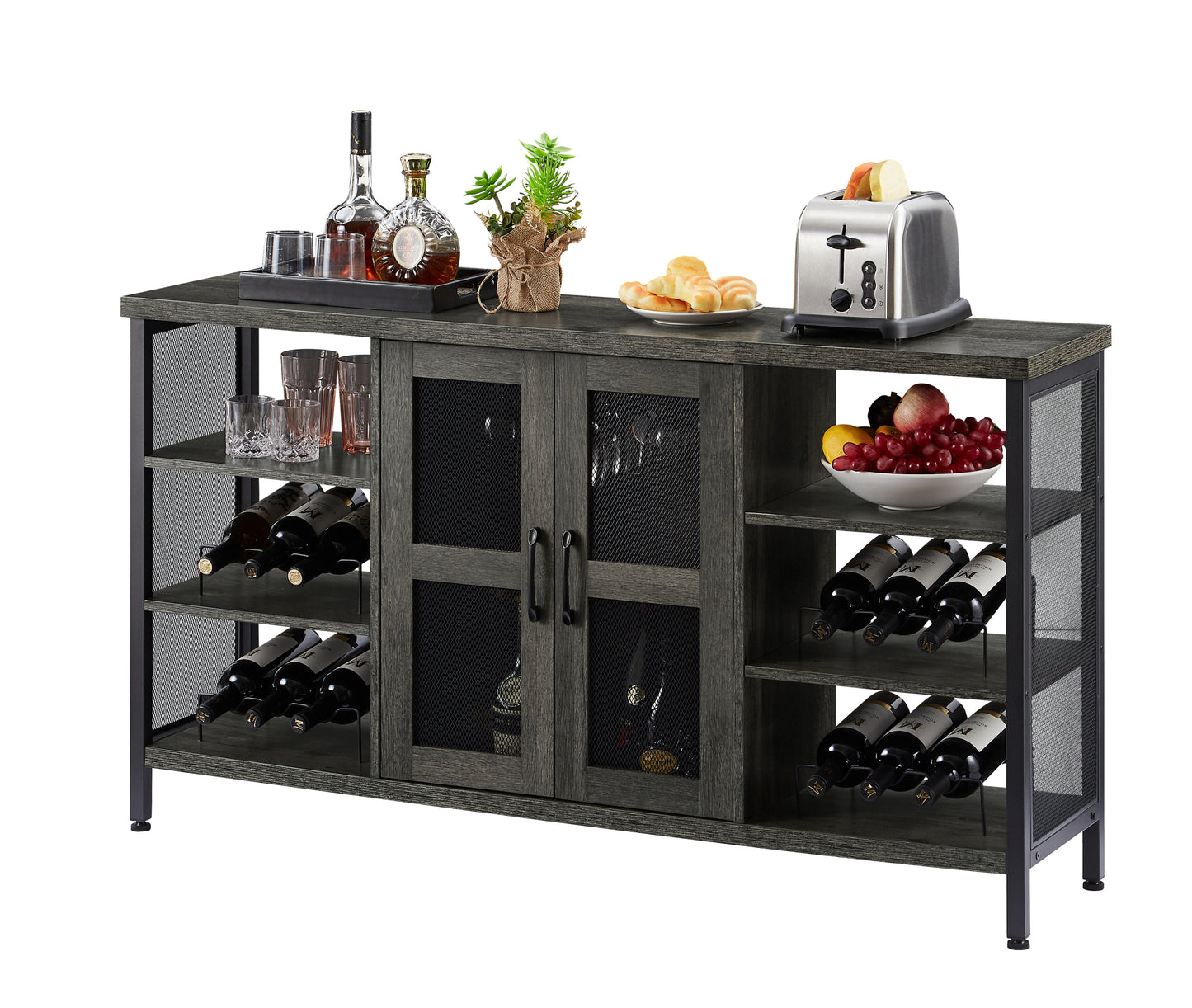 Industrial Wine Bar Cabinet, Liquor Storage Credenza, Sideboard with Wine Racks & Stemware Holder (Dark Grey, 55.12''w x 13.78''d x 30.31' ' h)