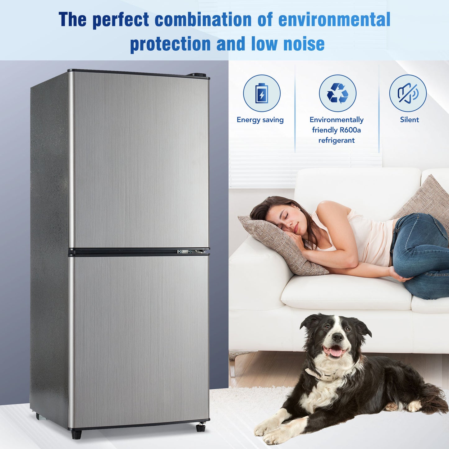 3.6Cu.Ft Dual Zone Refrigerator, 2.2+1.4Cu.Ft 4 Star Freezer, 7 Temperature Settings, 45 dB, Brushed Gray Silver, LED Lighting, Adjustable Shelves, 166kWh/Year, 16.73"×17.52"×40.16 "