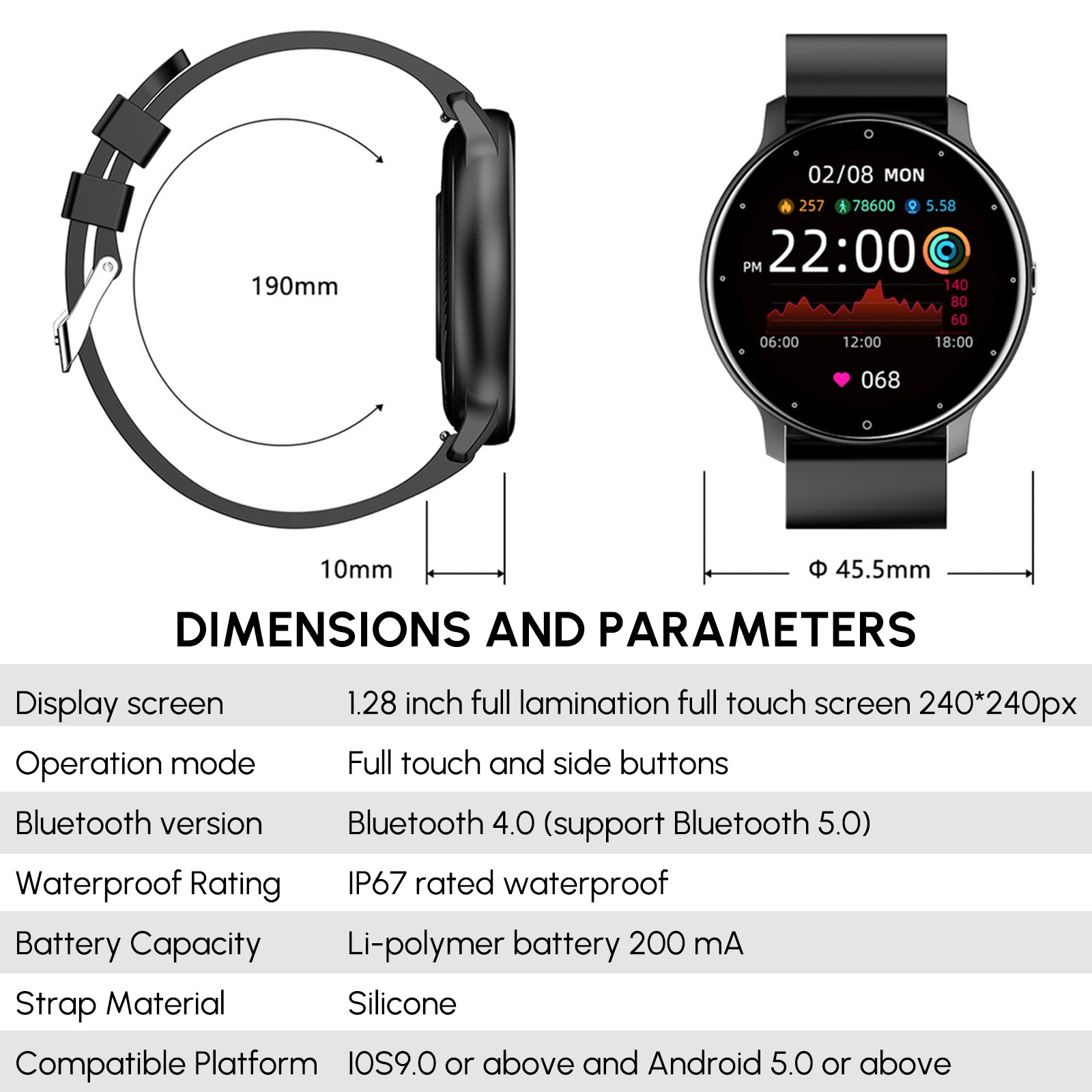 Smartwatch with dimensions and specifications displayed on a white background