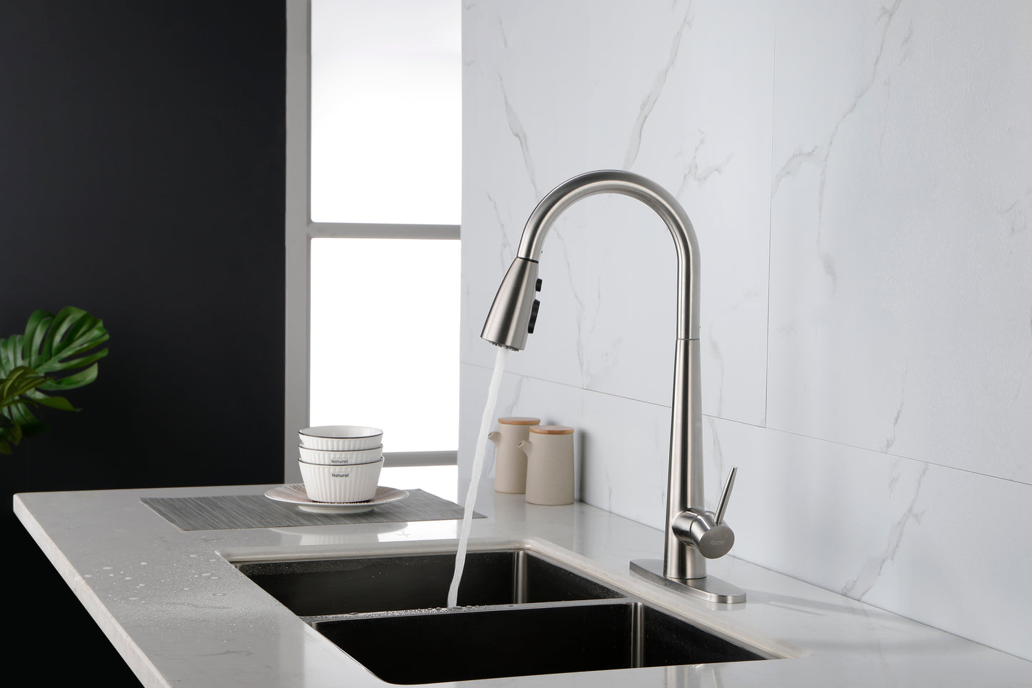 Kitchen Faucet with Pull Down Sprayer Brushed Nickel, High Arc Single Handle Kitchen Sink Faucet with Deck Plate, Commercial Modern Stainless Steel Kitchen Faucets