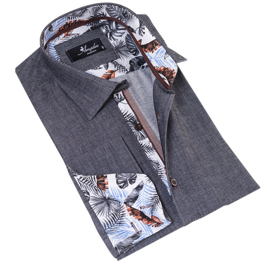 Gray inside Tropical Printed Mens Slim Fit Designer French Cuff Shirt
