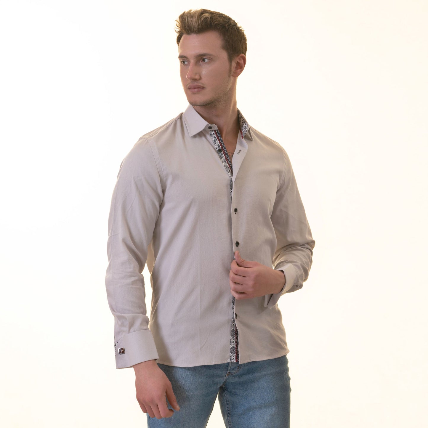 Gray with inside White Ptrined Double Cuff Shirt Mens Slim Fit