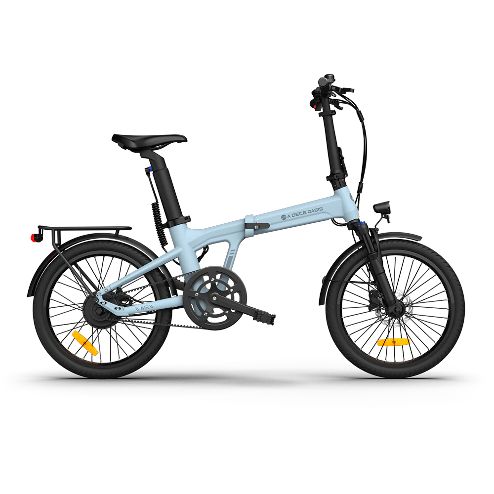Light blue folding bicycle on a white background. best lightweight folding e-bike for city commuting. Raee -Industries