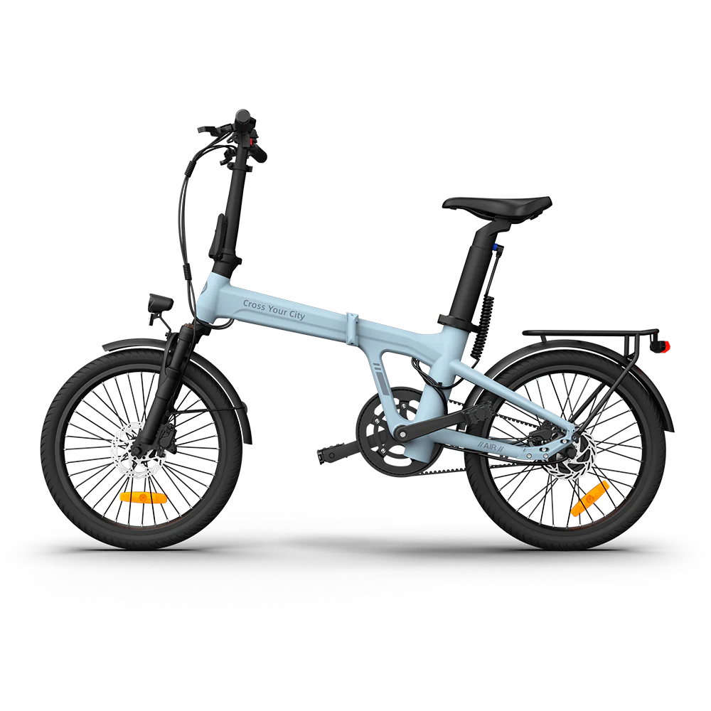 Light blue folding bicycle on a white background.  best lightweight folding e-bike for city commuting. Raee -Industries