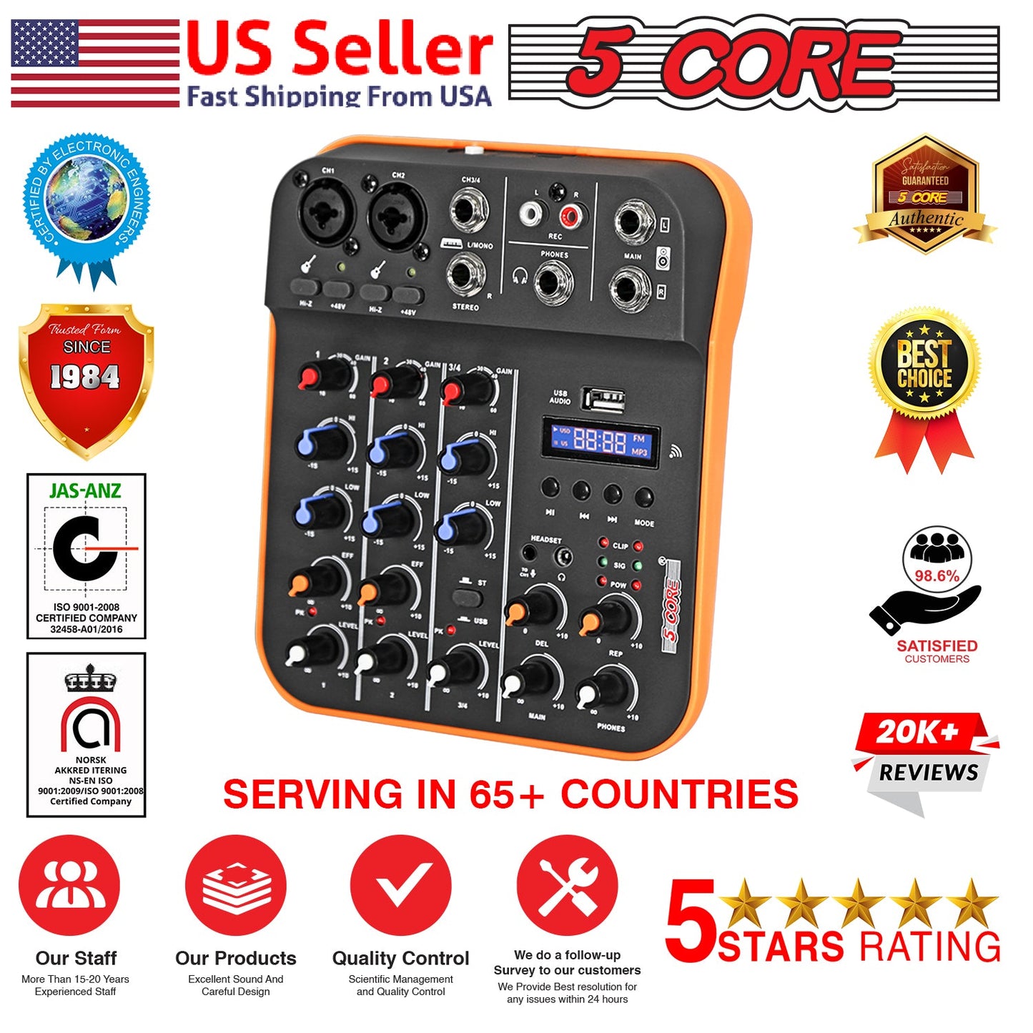 5 Core Audio Mixer 4 Channel DJ Equipment with Bluetooth USB Sound