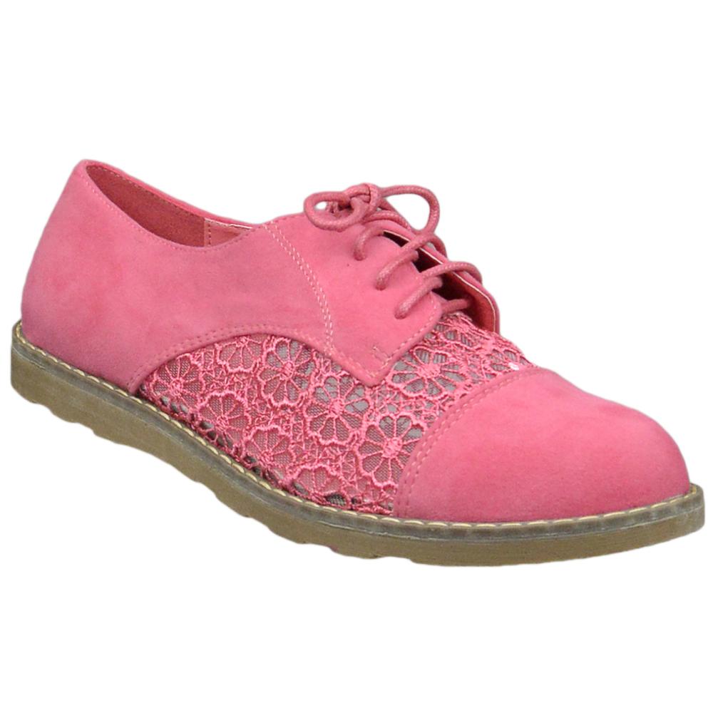 SOBEYO Women's Embroidered Flower Lace Up Oxford Flats Pink