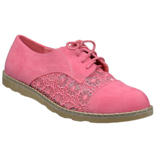 SOBEYO Women's Embroidered Flower Lace Up Oxford Flats Pink