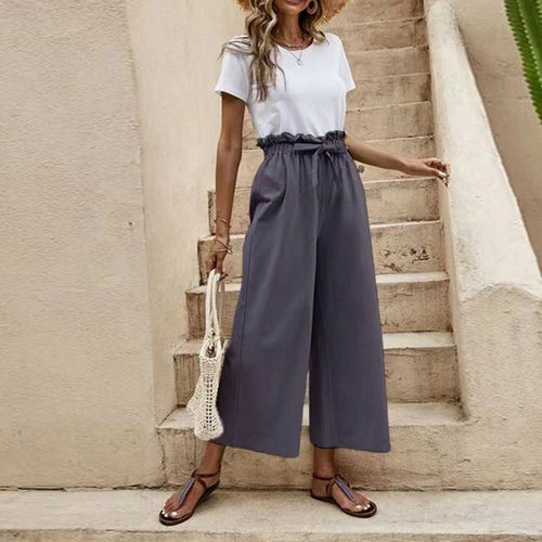 Wide Leg Pants Elastic Waist Cotton Linen Loose Straight Ninth Pants