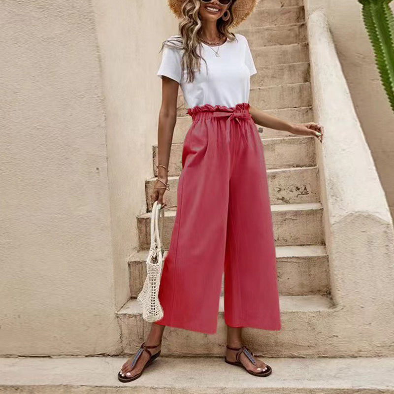 Wide Leg Pants Elastic Waist Cotton Linen Loose Straight Ninth Pants