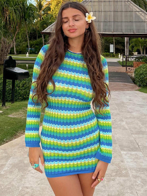 Stripe Print Long Sleeves O Neck Patchwork Mini Dress