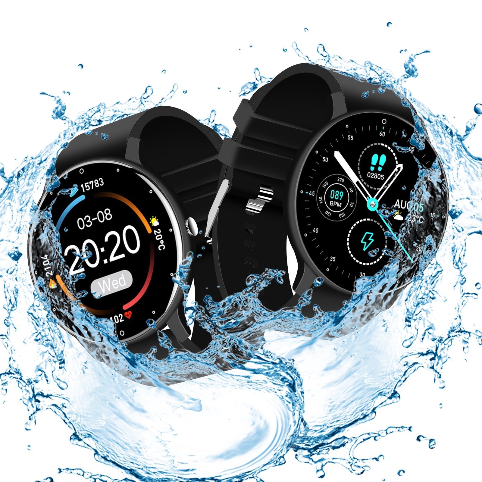 Two black smartwatches with water splashes around them, indicating water resistance.