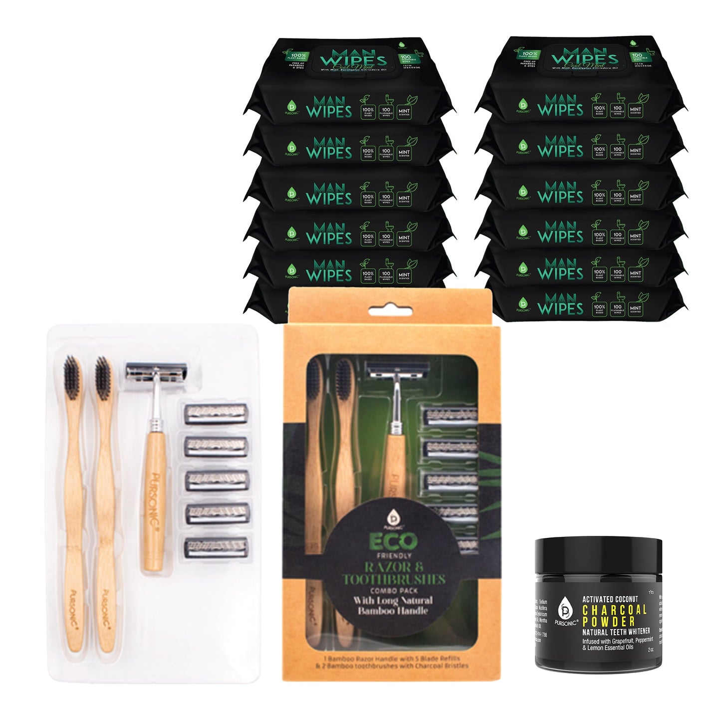 Grooming Essentials Bundle: Eco-Friendly Razor + Flushable Man Wipes +