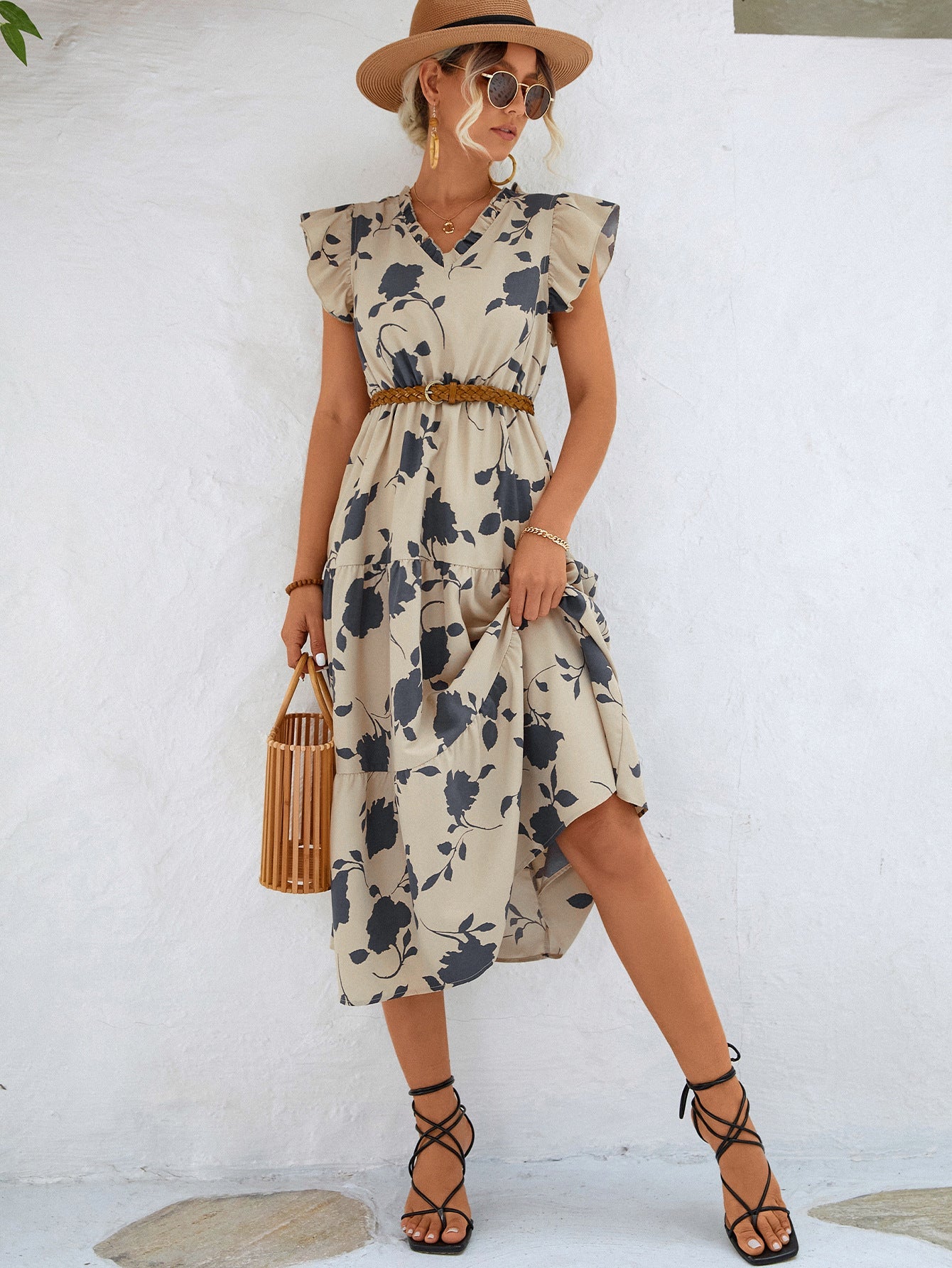 Floral Print Flounce Sleeve Dress