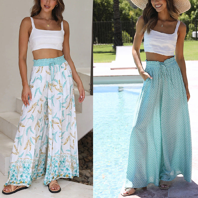 Printed Elastic Waist Wide-Leg Pants