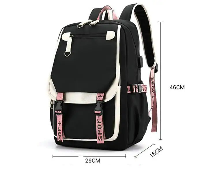 Lovely Kuromi Backpacks USB Patchwork Lightweight Laptop Teens School