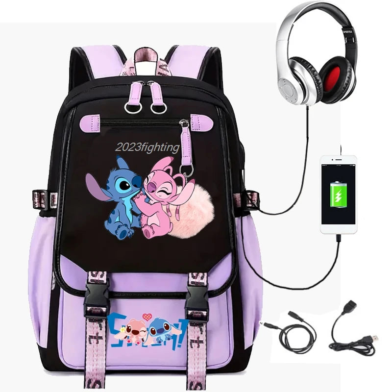 Lovely Stitch Backpacks USB Patchwork Lightweight Laptop Teens School