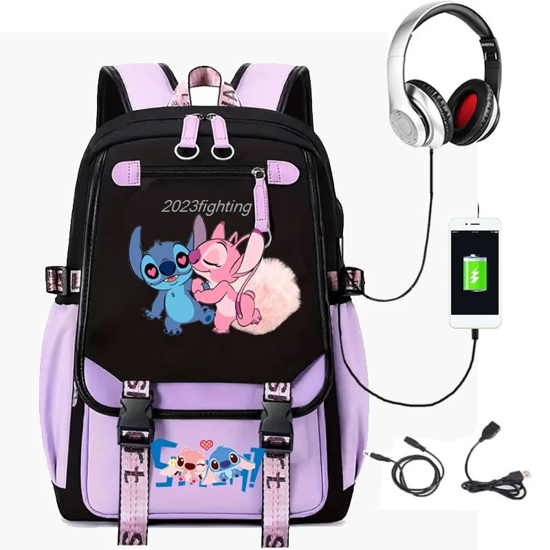 Lovely Stitch Backpacks USB Patchwork Lightweight Laptop Teens School