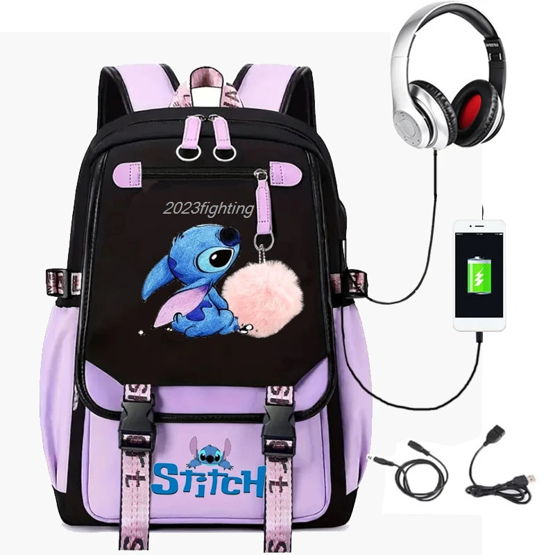 Lovely Stitch Backpacks USB Patchwork Lightweight Laptop Teens School