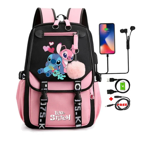 Lovely Stitch Backpacks USB Patchwork Lightweight Laptop Teens School