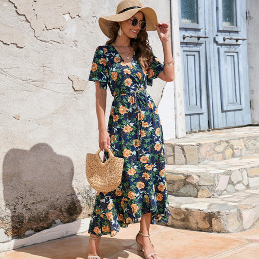 Women Wrap Style Summer Floral Dress With Ruffles